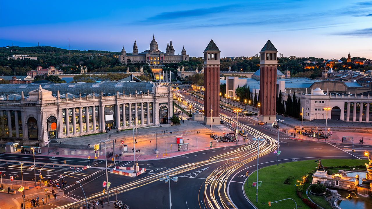 Aerial,View,On,Placa,Espanya,And,Montjuic,Hill,With,National